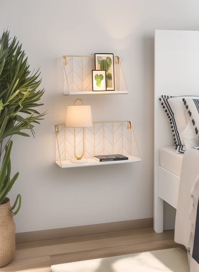 ZGZD White Versatile Wood Floating Shelf with Gold Metal Wire Frame - Stylish Wall Decor and Storage Solution for Living Room, Bedroom, Bathroom, Kitchen, Office, Set of 2 - Image 2